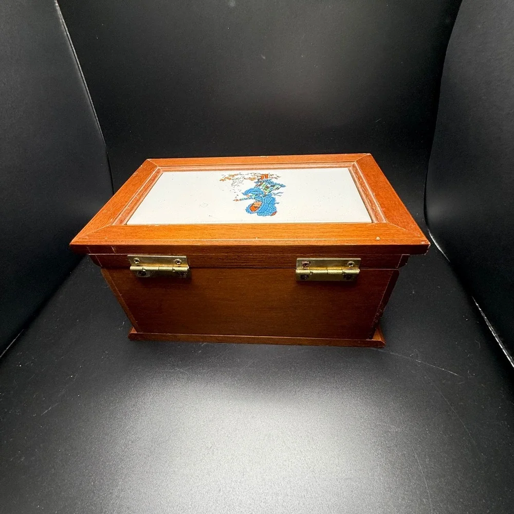 Vintage Wooden Jewelry Box Holly Hobbie Style Tile Inlay Mirror Drawer Organizer